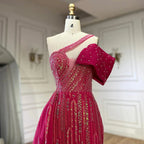 Vestido de noche de lujo de Dubái, estilo árabe fucsia, con un solo hombro, bordado azul y cuentas, con falda lateral, para fiestas de mujer LA72664 