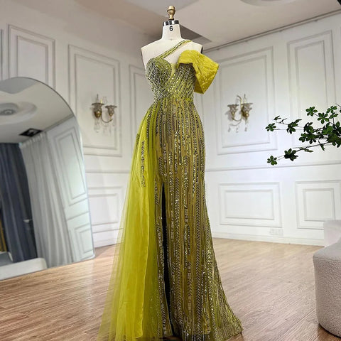 Robe de soirée de luxe à une épaule, style arabe fuchsia, bleu, perles, avec jupe latérale, pour soirée, LA72664, 2025 