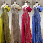 Vestido de noche de lujo de Dubái, estilo árabe fucsia, con un solo hombro, bordado azul y cuentas, con falda lateral, para fiestas de mujer LA72664 