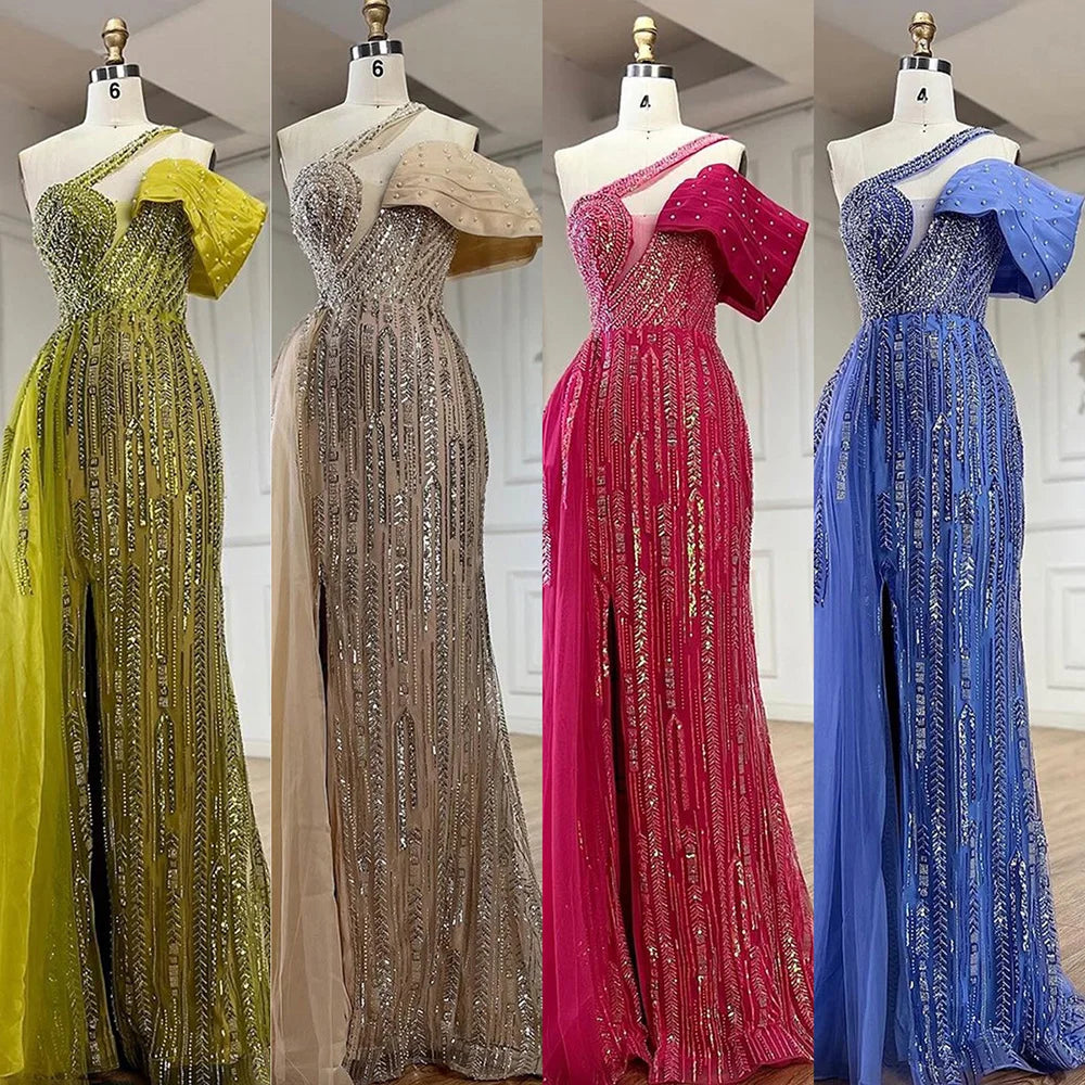Vestido de noche de lujo de Dubái, estilo árabe fucsia, con un solo hombro, bordado azul y cuentas, con falda lateral, para fiestas de mujer LA72664 