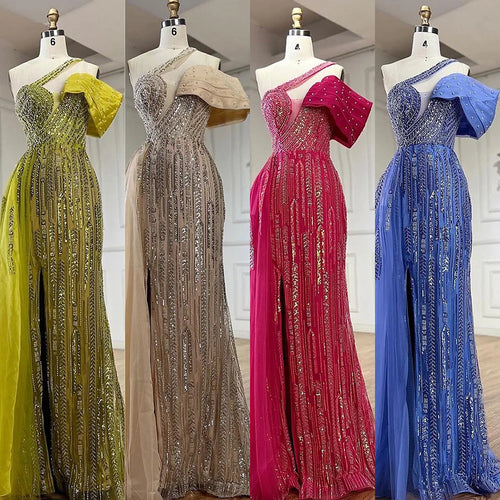 Vestido de noche de lujo de Dubái, estilo árabe fucsia, con un solo hombro, bordado azul y cuentas, con falda lateral, para fiestas de mujer LA72664 