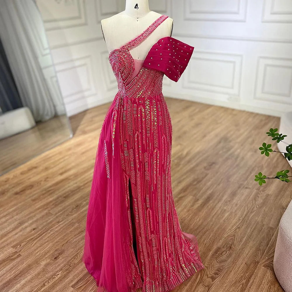 Vestido de noche de lujo de Dubái, estilo árabe fucsia, con un solo hombro, bordado azul y cuentas, con falda lateral, para fiestas de mujer LA72664 