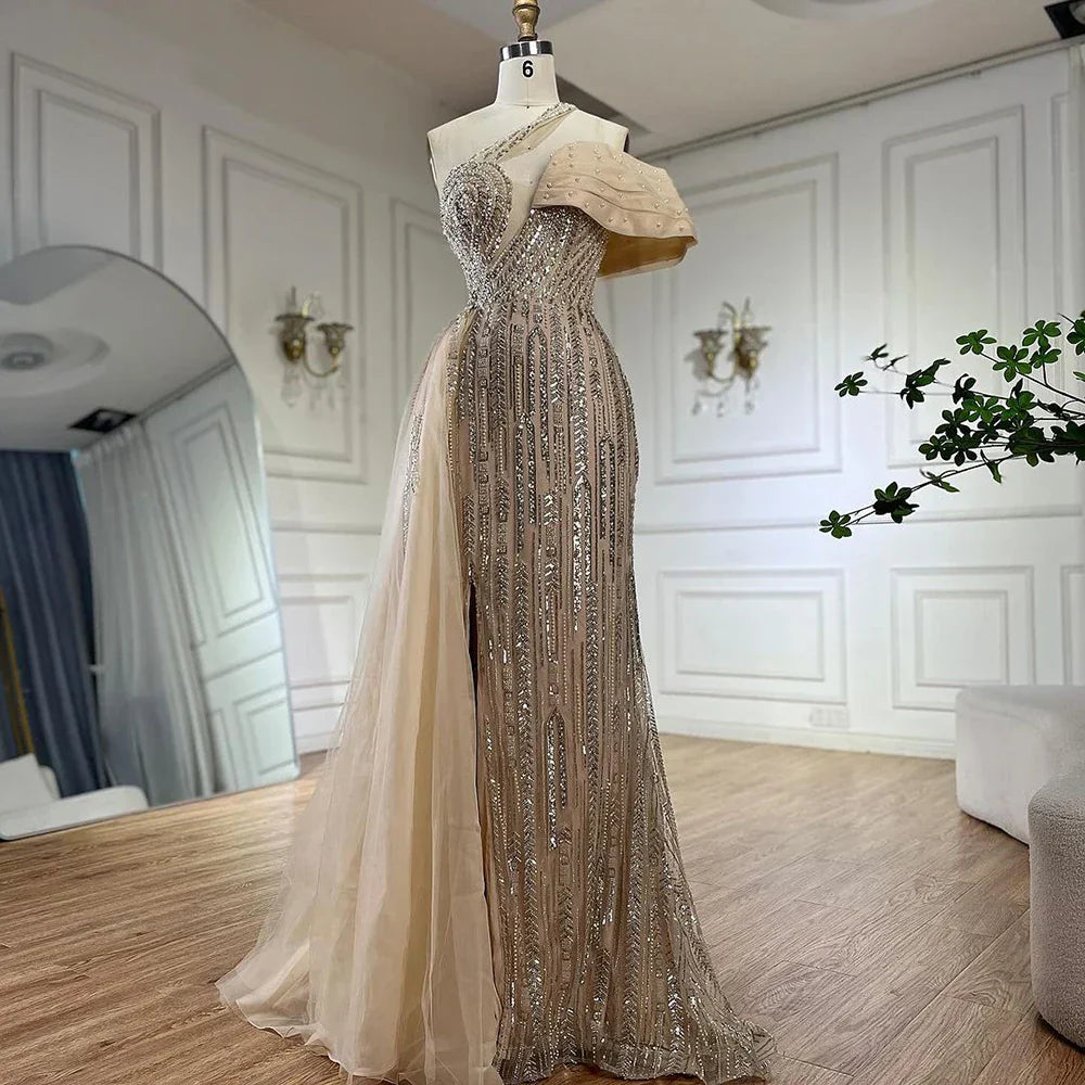 Vestido de noche de lujo de Dubái, estilo árabe fucsia, con un solo hombro, bordado azul y cuentas, con falda lateral, para fiestas de mujer LA72664 
