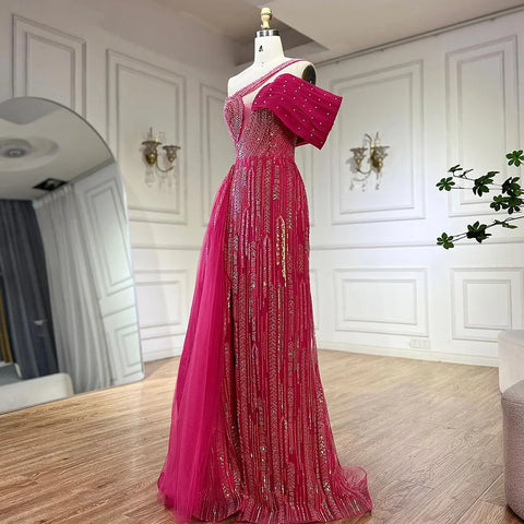 Robe de soirée de luxe à une épaule, style arabe fuchsia, bleu, perles, avec jupe latérale, pour soirée, LA72664, 2025 