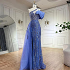 Vestido de noche de lujo de Dubái, estilo árabe fucsia, con un solo hombro, bordado azul y cuentas, con falda lateral, para fiestas de mujer LA72664 