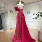 Vestido de noche de lujo de Dubái, estilo árabe fucsia, con un solo hombro, bordado azul y cuentas, con falda lateral, para fiestas de mujer LA72664 