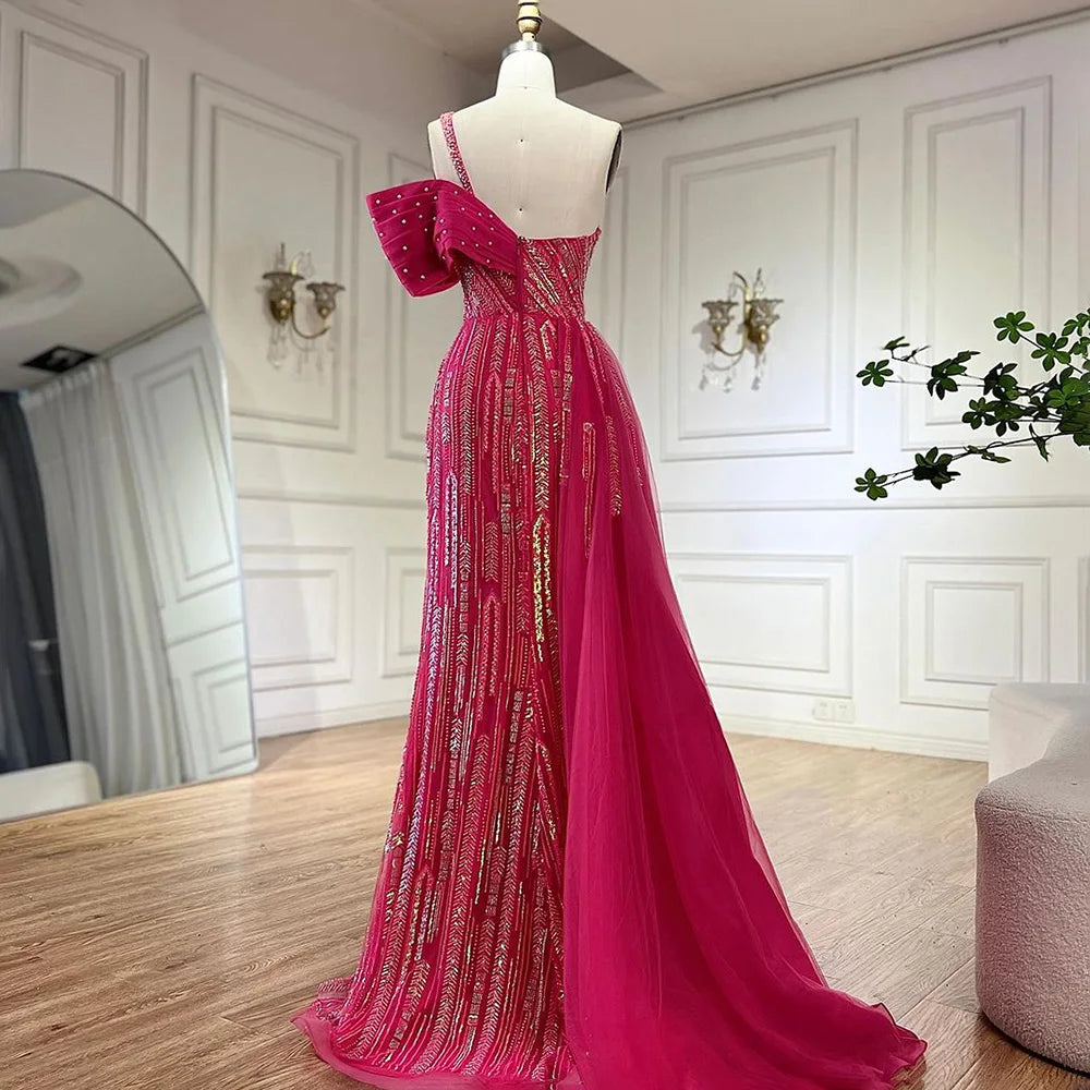 Vestido de noche de lujo de Dubái, estilo árabe fucsia, con un solo hombro, bordado azul y cuentas, con falda lateral, para fiestas de mujer LA72664 
