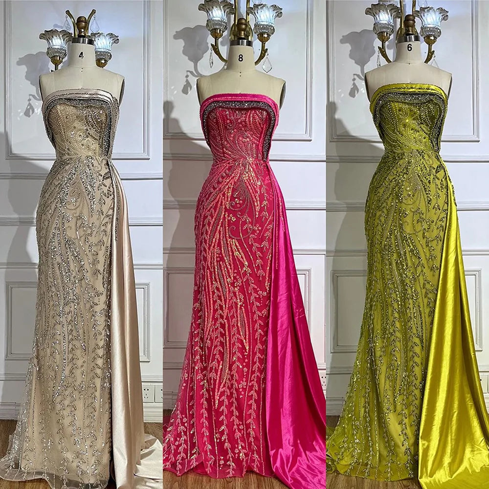 Vestido de noche de lujo estilo sirena, color nude, sin tirantes, de satén, con cuentas, estilo árabe, con falda lateral, ideal para fiestas femeninas (LA72665) 