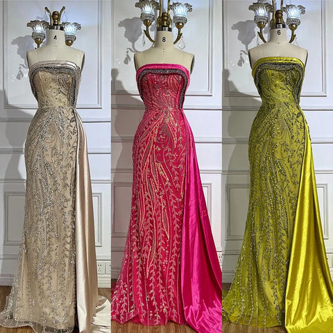 Robe de soirée de luxe style sirène en satin, couleur chair, sans bretelles, avec perles, style Dubaï, avec jupe latérale, pour femme, LA72665 