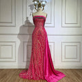 Vestido de noche de lujo estilo sirena, color nude, sin tirantes, de satén, con cuentas, estilo árabe, con falda lateral, ideal para fiestas femeninas (LA72665) 