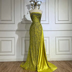 Vestido de noche de lujo estilo sirena, color nude, sin tirantes, de satén, con cuentas, estilo árabe, con falda lateral, ideal para fiestas femeninas (LA72665) 