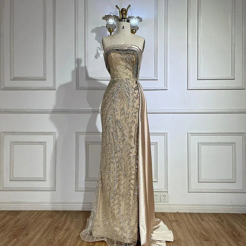 Robe de soirée de luxe style sirène en satin, couleur chair, sans bretelles, avec perles, style Dubaï, avec jupe latérale, pour femme, LA72665 