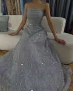 Vestido de noche largo, elegante, sin tirantes, con cuentas, corte en A, color gris árabe, modelo LA72755 (2025) 