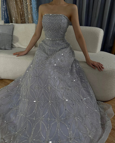 Robe de soirée longue bustier élégante style arabe gris, coupe trapèze, avec perles, pour une occasion formelle, LA72755, 2025 
