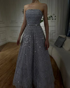 Vestido de noche largo, elegante, sin tirantes, con cuentas, corte en A, color gris árabe, modelo LA72755 (2025) 