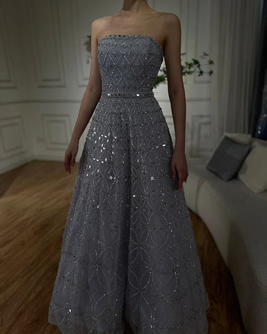 Robe de soirée longue bustier élégante style arabe gris, coupe trapèze, avec perles, pour une occasion formelle, LA72755, 2025 