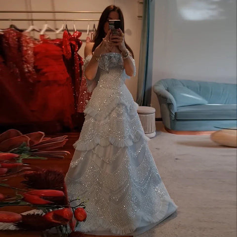 Luxury Silver Gray Off Shoulder Dubai Evening Dress LA72762