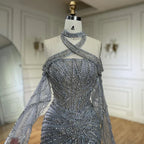 Vestido de noche de lujo estilo sirena con escote halter decorativo en color gris árabe, modelo LA72651, ideal para fiestas femeninas. 