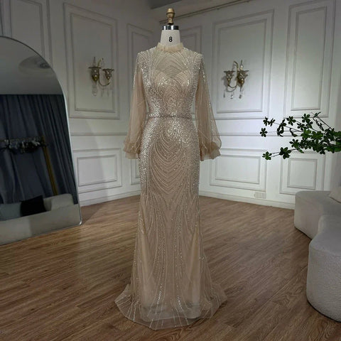 Robe de soirée sirène grise à col montant et manches longues ornée de perles pour femme, style arabe, modèle 2025, LA71690A 