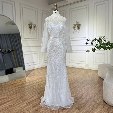 Robe de soirée sirène grise à col montant et manches longues ornée de perles pour femme, style arabe, modèle 2025, LA71690A 