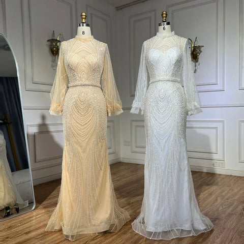 Robe de soirée sirène grise à col montant et manches longues ornée de perles pour femme, style arabe, modèle 2025, LA71690A 