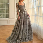 Robe de soirée élégante de style arabe gris, coupe trapèze, avec appliques et perles, pour femme, tenue de mariage, LA72657 