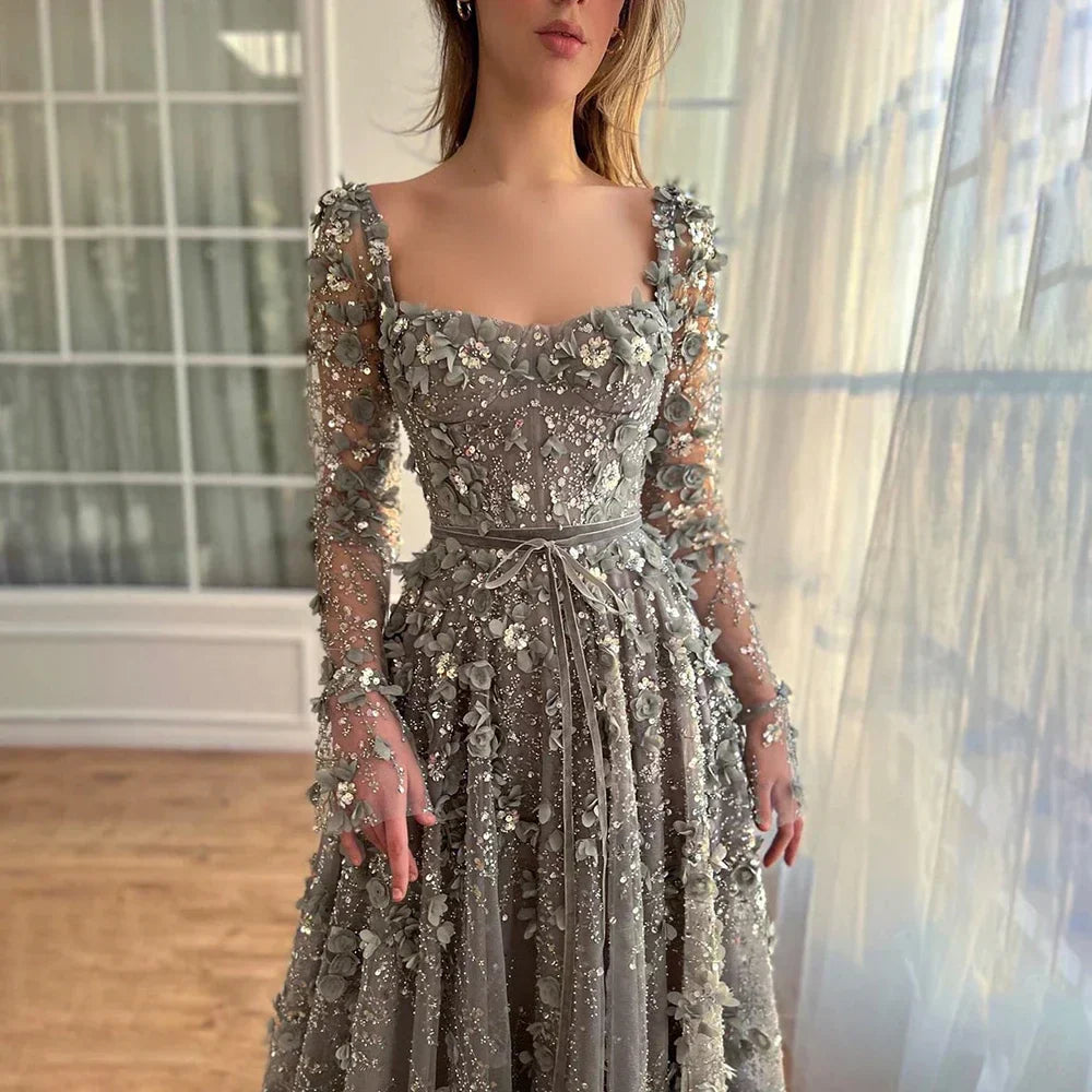 Robe de soirée élégante de style arabe gris, coupe trapèze, avec appliques et perles, pour femme, tenue de mariage, LA72657 