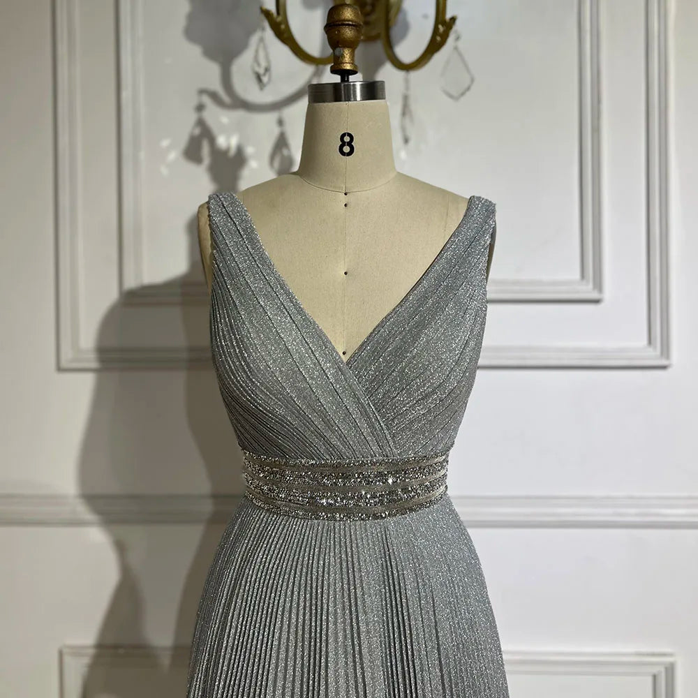 Vestido de noche de lujo estilo sirena gris árabe con tirantes finos para bodas y fiestas de mujeres LA72628 
