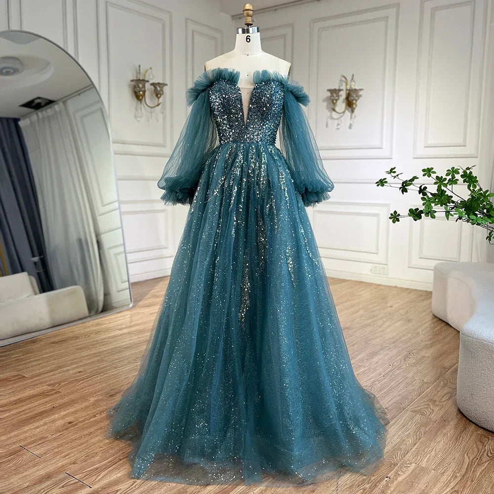Vestido de noche elegante de lujo con cuentas, corte en A, color verde árabe, con mangas abullonadas, para mujer, ideal para fiestas (LA72655) 