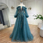 Vestido de noche elegante de lujo con cuentas, corte en A, color verde árabe, con mangas abullonadas, para mujer, ideal para fiestas (LA72655) 