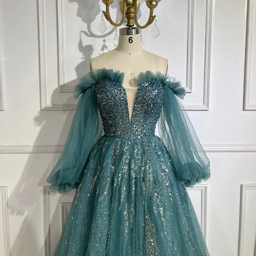 Vestido de noche elegante de lujo con cuentas, corte en A, color verde árabe, con mangas abullonadas, para mujer, ideal para fiestas (LA72655) 