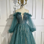 Vestido de noche elegante de lujo con cuentas, corte en A, color verde árabe, con mangas abullonadas, para mujer, ideal para fiestas (LA72655) 