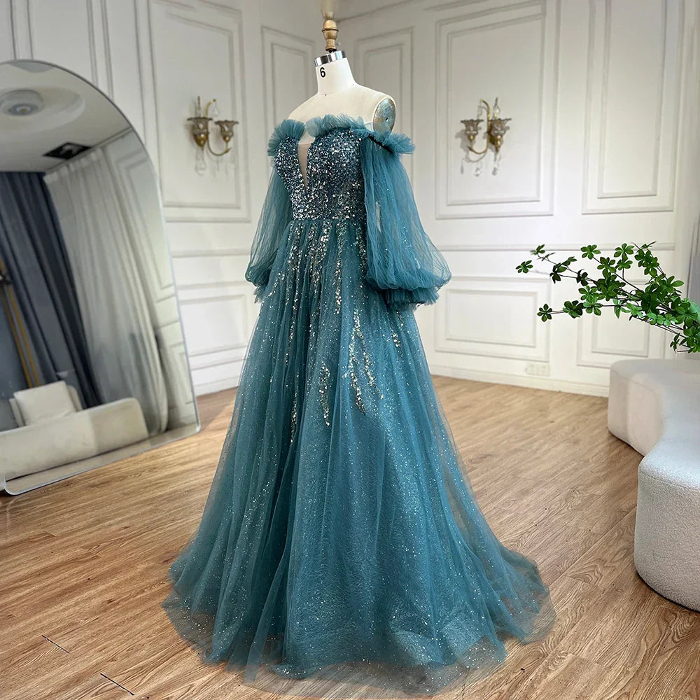 Vestido de noche elegante de lujo con cuentas, corte en A, color verde árabe, con mangas abullonadas, para mujer, ideal para fiestas (LA72655) 