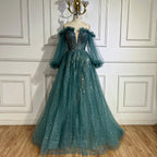 Vestido de noche elegante de lujo con cuentas, corte en A, color verde árabe, con mangas abullonadas, para mujer, ideal para fiestas (LA72655) 
