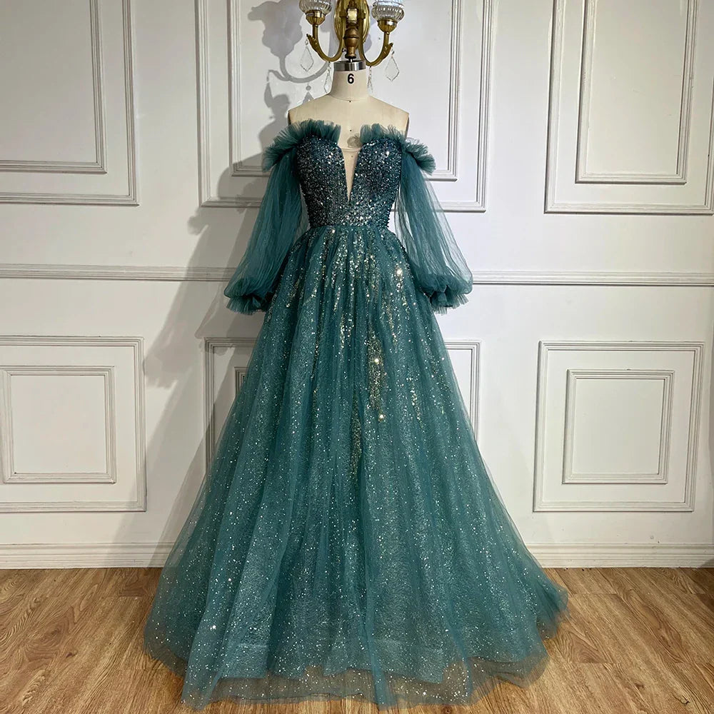 Vestido de noche elegante de lujo con cuentas, corte en A, color verde árabe, con mangas abullonadas, para mujer, ideal para fiestas (LA72655) 
