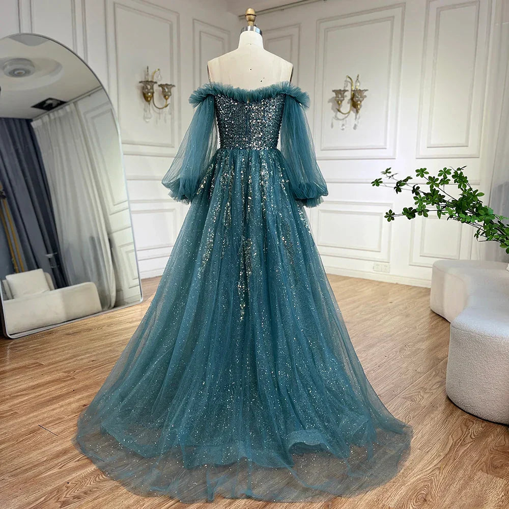 Vestido de noche elegante de lujo con cuentas, corte en A, color verde árabe, con mangas abullonadas, para mujer, ideal para fiestas (LA72655) 