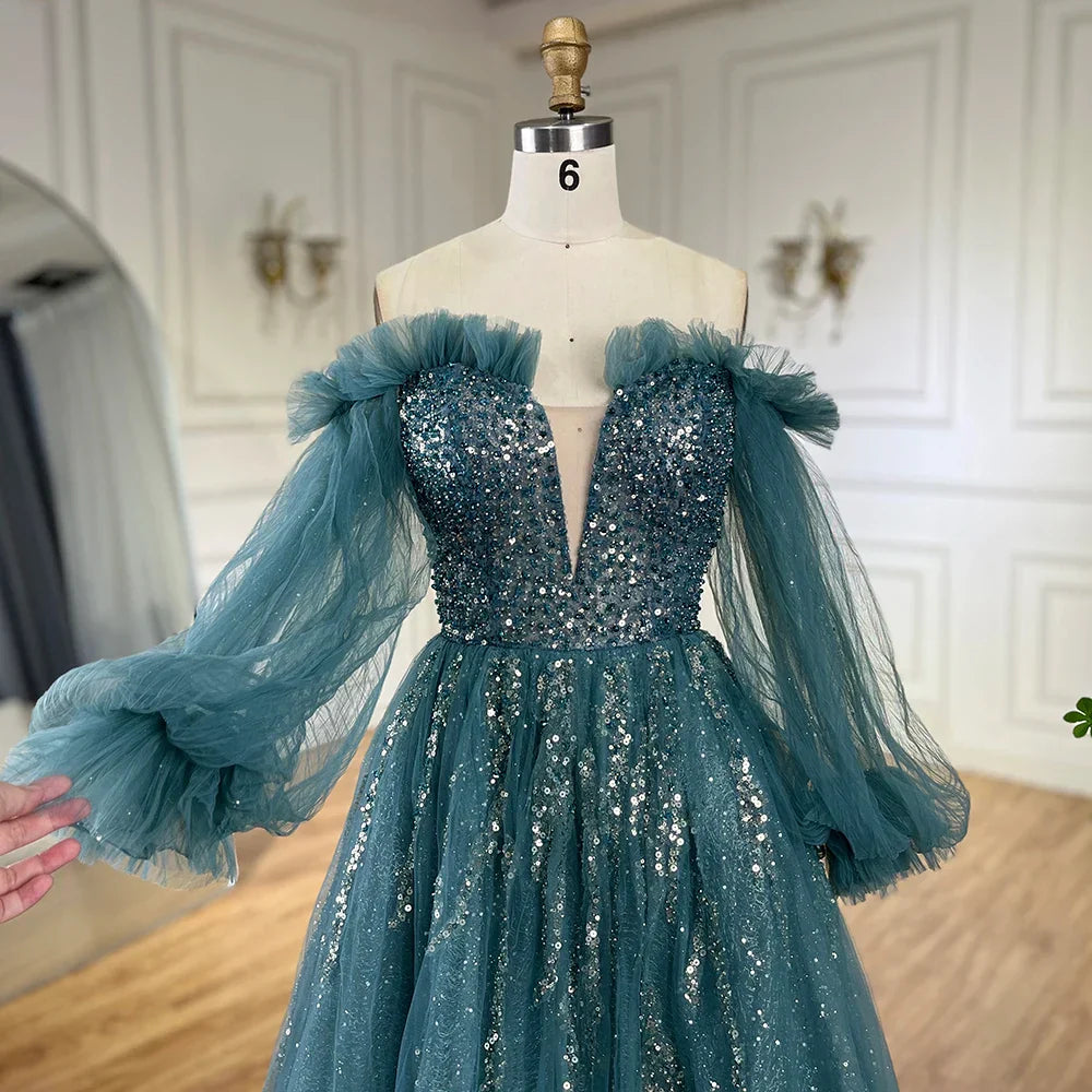 Vestido de noche elegante de lujo con cuentas, corte en A, color verde árabe, con mangas abullonadas, para mujer, ideal para fiestas (LA72655) 