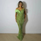 Robe de soirée longue style sirène verte, élégante, asymétrique, perlée, pour une occasion spéciale, LA72650 