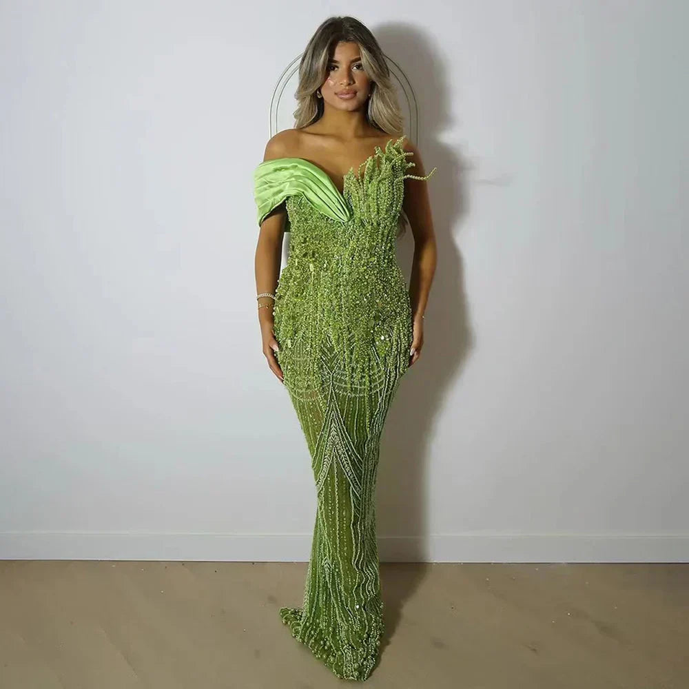 Vestido de noche largo, elegante, verde, estilo sirena, con un solo hombro y cuentas, estilo árabe, para ocasiones formales LA72650 