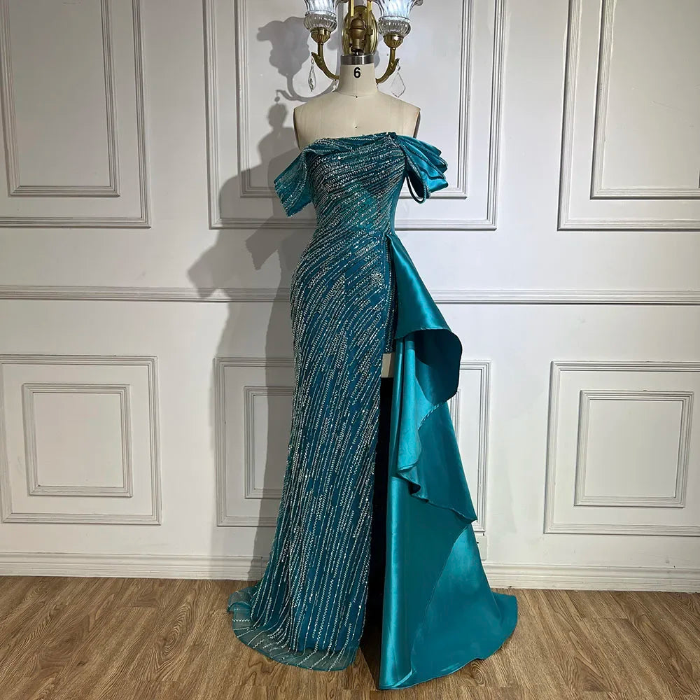 Vestido de noche largo de lujo con sobrefalda de sirena verde árabe 2025, con cuentas y abertura, para mujer, ideal para bodas y fiestas (LA72633) 