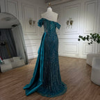 Vestido de noche largo de lujo con sobrefalda de sirena verde árabe 2025, con cuentas y abertura, para mujer, ideal para bodas y fiestas (LA72633) 
