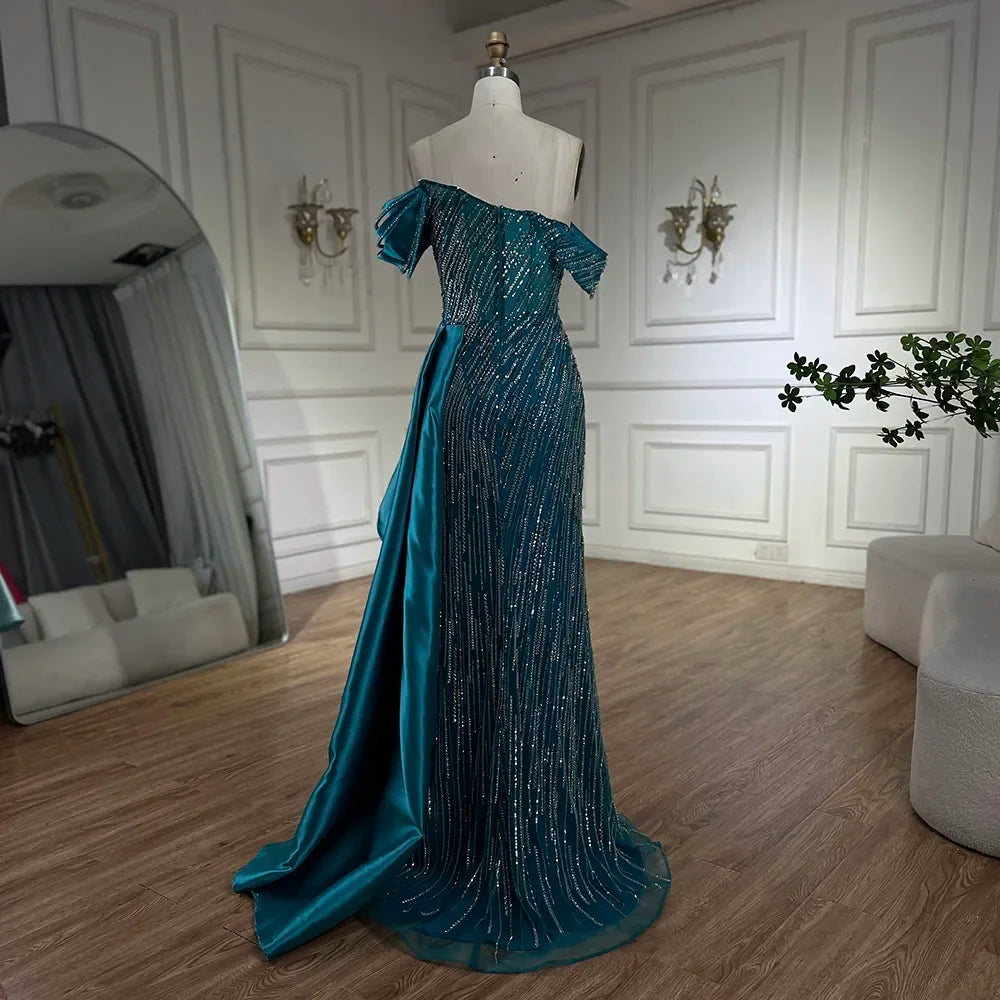 Vestido de noche largo de lujo con sobrefalda de sirena verde árabe 2025, con cuentas y abertura, para mujer, ideal para bodas y fiestas (LA72633) 