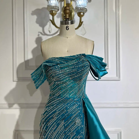 Robe de soirée longue de luxe style sirène verte arabe 2025, avec perles et fente, pour mariage, LA72633 