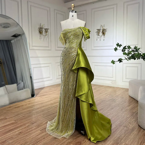 Robe de soirée longue de luxe style sirène verte arabe 2025, avec perles et fente, pour mariage, LA72633 