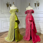 Vestido de noche largo de lujo con sobrefalda de sirena verde árabe 2025, con cuentas y abertura, para mujer, ideal para bodas y fiestas (LA72633) 