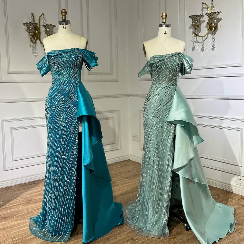 Vestido de noche largo de lujo con sobrefalda de sirena verde árabe 2025, con cuentas y abertura, para mujer, ideal para bodas y fiestas (LA72633) 