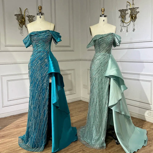 Vestido de noche largo de lujo con sobrefalda de sirena verde árabe 2025, con cuentas y abertura, para mujer, ideal para bodas y fiestas (LA72633) 