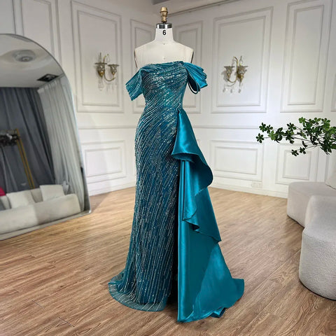 Robe de soirée longue de luxe style sirène verte arabe 2025, avec perles et fente, pour mariage, LA72633 