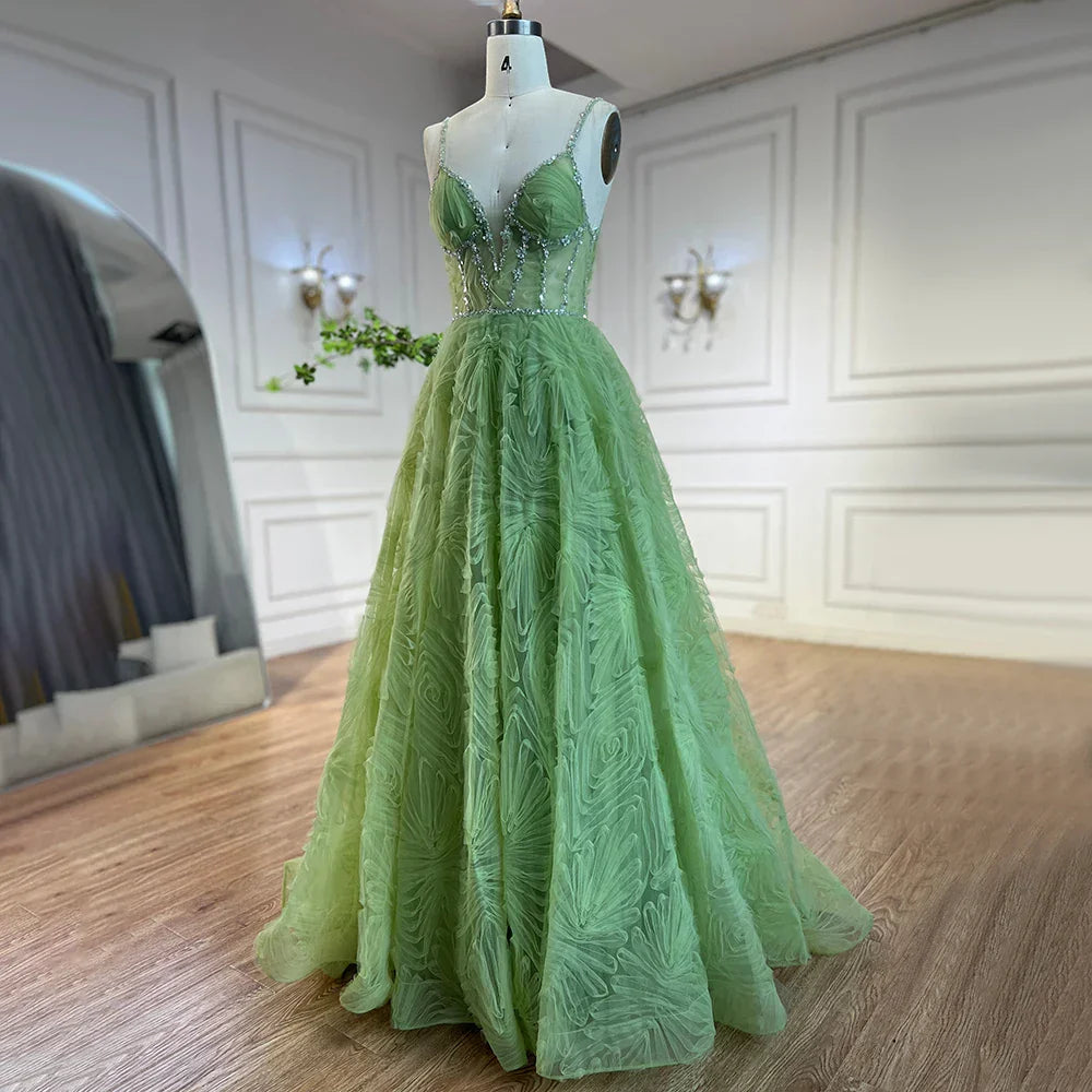 Vestido de fiesta elegante de corte A, con tirantes finos, espalda descubierta y color verde salvia árabe (modelo LA72636) para mujer | Ideal para bodas y fiestas 