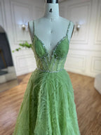 Vestido de fiesta elegante de corte A, con tirantes finos, espalda descubierta y color verde salvia árabe (modelo LA72636) para mujer | Ideal para bodas y fiestas 